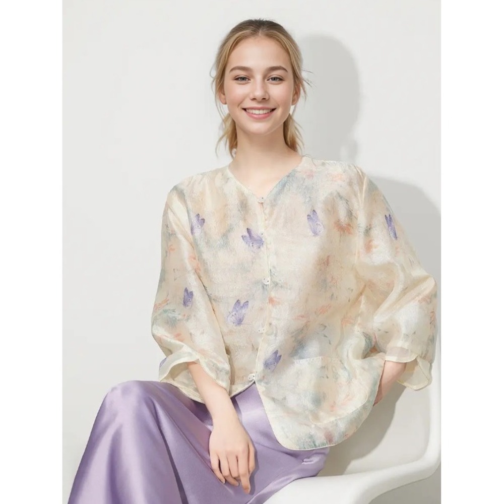 Asian Chinese Ethereal Butterfly Tulle Shirt Loose Boxy Semi Sheer Jacket M